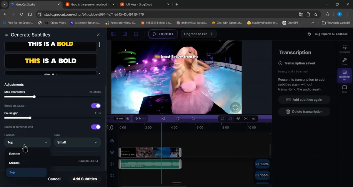 Animated subtitle style presets and layout configuration dialog in GrepCut Studio