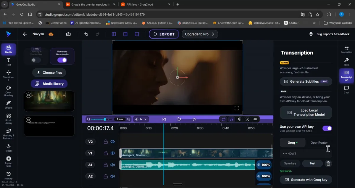 Selecting the free local in-browser ONNX transcription model in GrepCut Studio