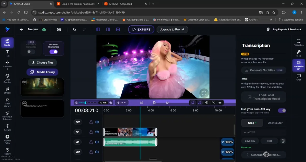 GrepCut Studio transcribing speech using Whisper Large V3 Turbo